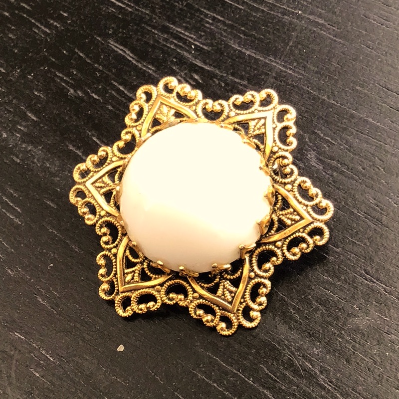 Signed Freirich Milk Glass Gold Tone Filigree Pin Brooch 1.75”